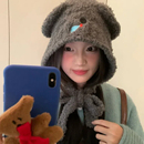 可爱考拉毛绒针织毛线帽子女秋冬季 保暖护耳套头帽绑带显脸小加厚