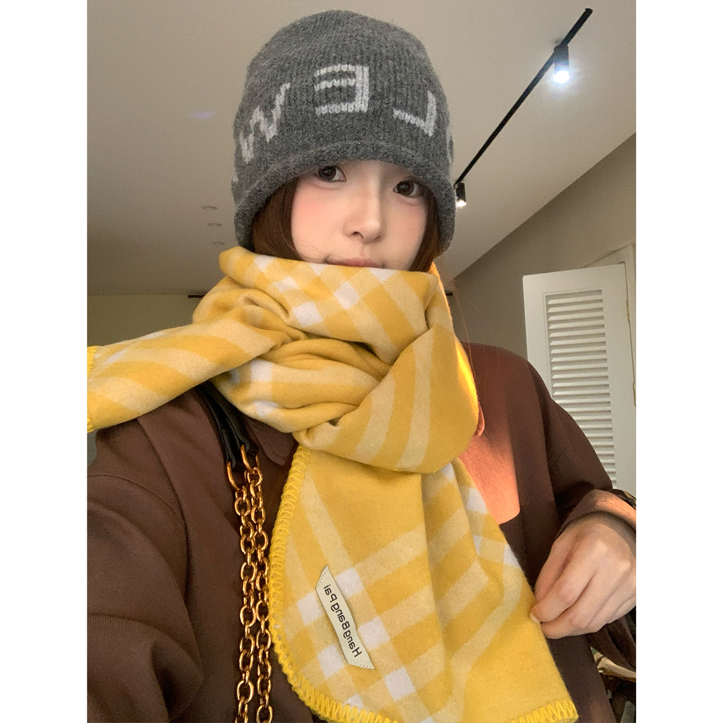 秋冬季复古格纹含羊毛针织围巾女