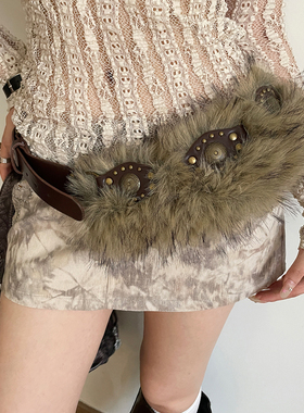 美式y2k辣妹风毛绒拼接铆钉腰带女小众个性朋克风皮带配饰腰封潮