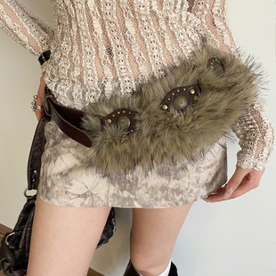 美式y2k辣妹风毛绒拼接铆钉腰带女小众个性朋克风皮带配饰腰封潮