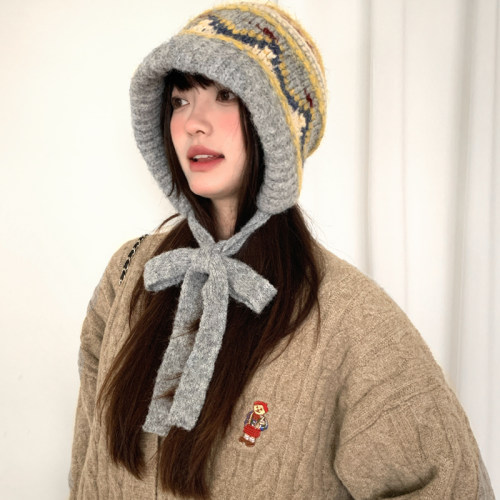 复古费尔岛风女秋冬季护耳毛线帽