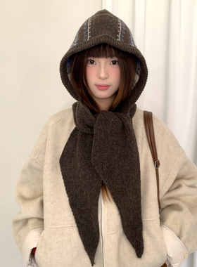 连帽费尔岛提花巴拉克拉法帽子女冬季大头围针织护耳帽子围巾一体
