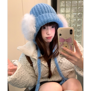 蓝色毛绒巴拉克拉法帽女冬季大头围防寒针织帽显脸小保暖护耳帽子