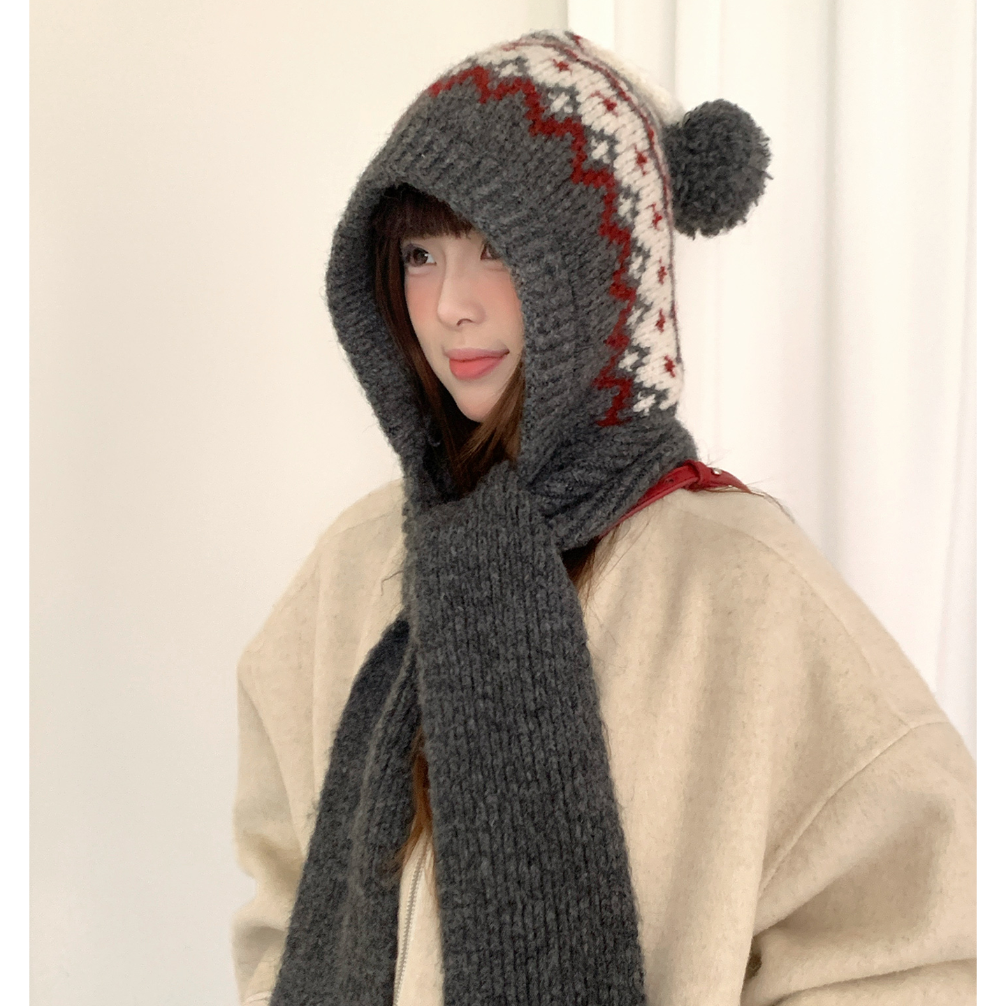 复古费尔岛提花帽子围巾一体女冬