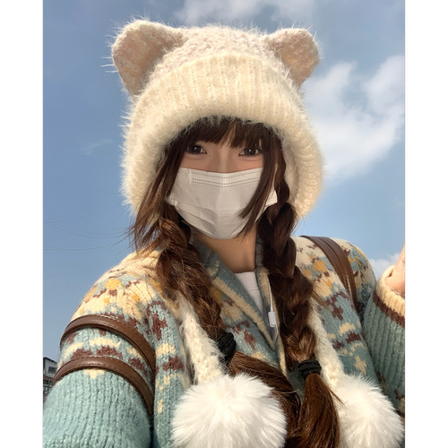毛绒可爱小熊耳朵毛线帽子女冬季