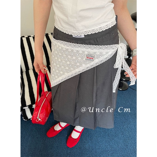 白色蕾丝花朵屁帘女韩系芭蕾风三角花边叠穿短裙帘绑带腰封配饰潮