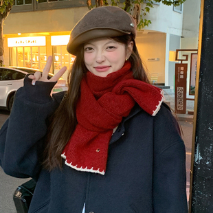 2025秋冬季新款韩版百搭锁边新年针织红色围巾女针织保暖护颈围脖