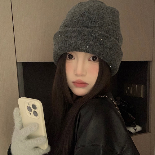 秋冬韩系高级感闪片毛线帽保暖女