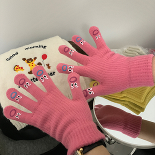 手套冬季 可爱女加绒加厚骑车五指可触屏防寒棉手套白 保暖学生韩版