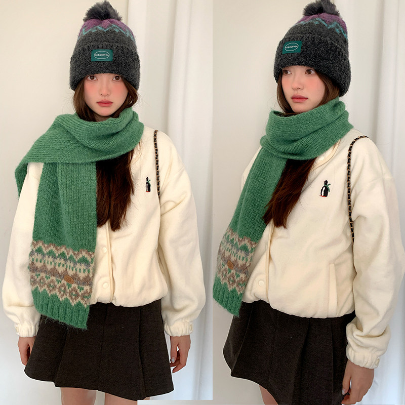 复古费尔岛提花红色针织围巾女2025新款秋冬季保暖防寒氛围感围脖