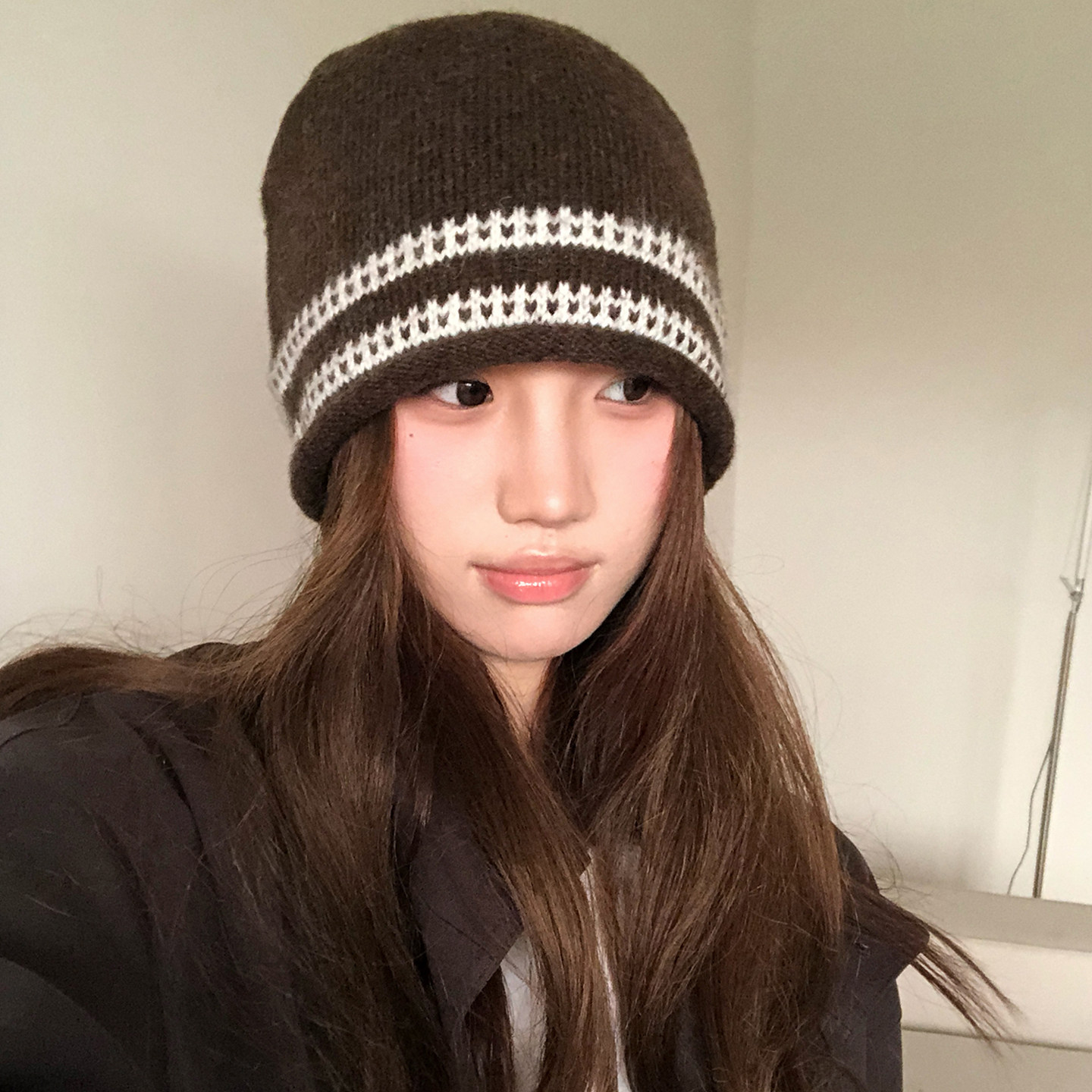 费尔岛风条纹提花针织帽子女2026年冬季堆堆帽保暖显脸小包头冷帽