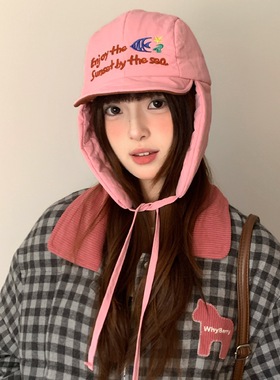 韩系可爱字母刺绣加厚雷锋帽子女款冬季户外骑行保暖护耳帽滑雪帽