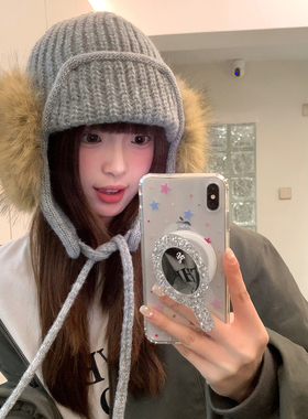 灰色毛绒护耳针织雷锋帽子女冬季