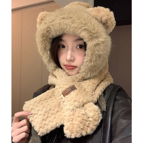 韩版女冬季毛绒包头帽帽围一体