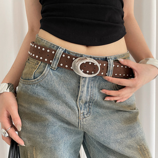 带 百搭牛仔裤 美式 设计感麂皮绒铆钉腰带女复古辣妹风棕色皮带个性