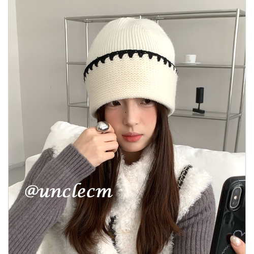 韩版高级感撞色毛线帽子女冬季