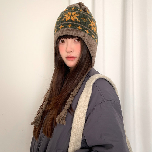 秋冬季复古提花护耳保暖毛线帽女