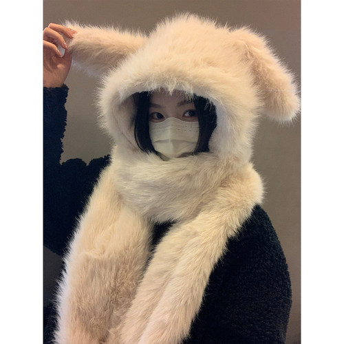 毛绒小狗耳朵帽子围巾手套三件套