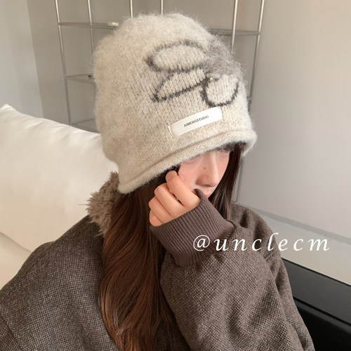 韩系花朵卷边针织堆堆帽子女冬季