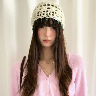 波西米亚风手工钩织包头帽女镂空圆珠流苏针织帽薄款民族风帽子潮