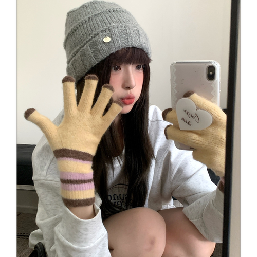 彩虹拼色条纹可触屏针织手套女