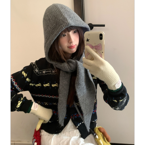 秋冬含羊毛连帽子围巾一体式