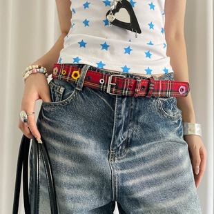 饰 带装 韩系甜酷格纹花朵帆布腰带女小众个性 y2k皮带配裙子牛仔裤