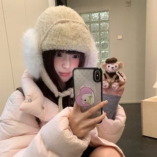 韩版可爱毛绒护耳雷锋帽子女冬季防寒耳罩大头围保暖羊羔绒飞行帽