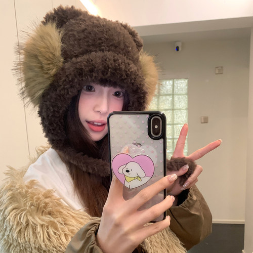 可爱毛绒小熊耳朵针织雷锋帽女冬