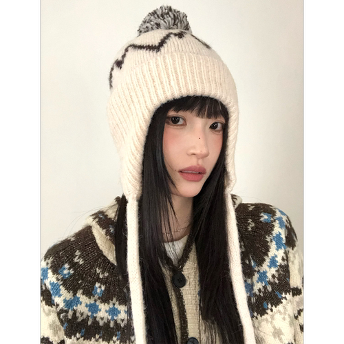 费尔岛拼色提花毛球针织帽子女冬