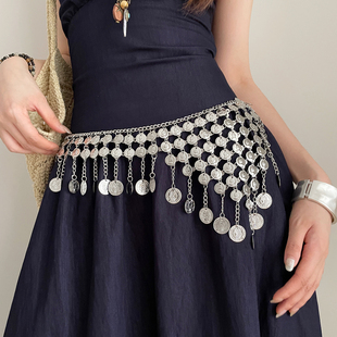 民族风金属流苏宽腰链女波西米亚风y2k肚皮舞腰带设计感屁帘装 饰