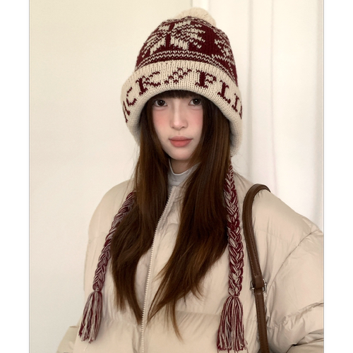 费尔岛提花红色毛线帽子女款冬季