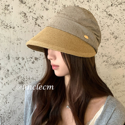 日系复古草编拼接渔夫帽子女