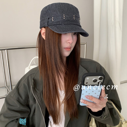 韩系复古做旧水洗牛仔铆钉鸭舌帽