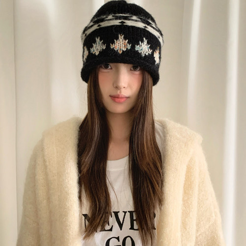 复古费尔岛提花针织冷帽女
