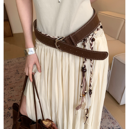 复古美拉德咖色麂皮绒宽版腰带女