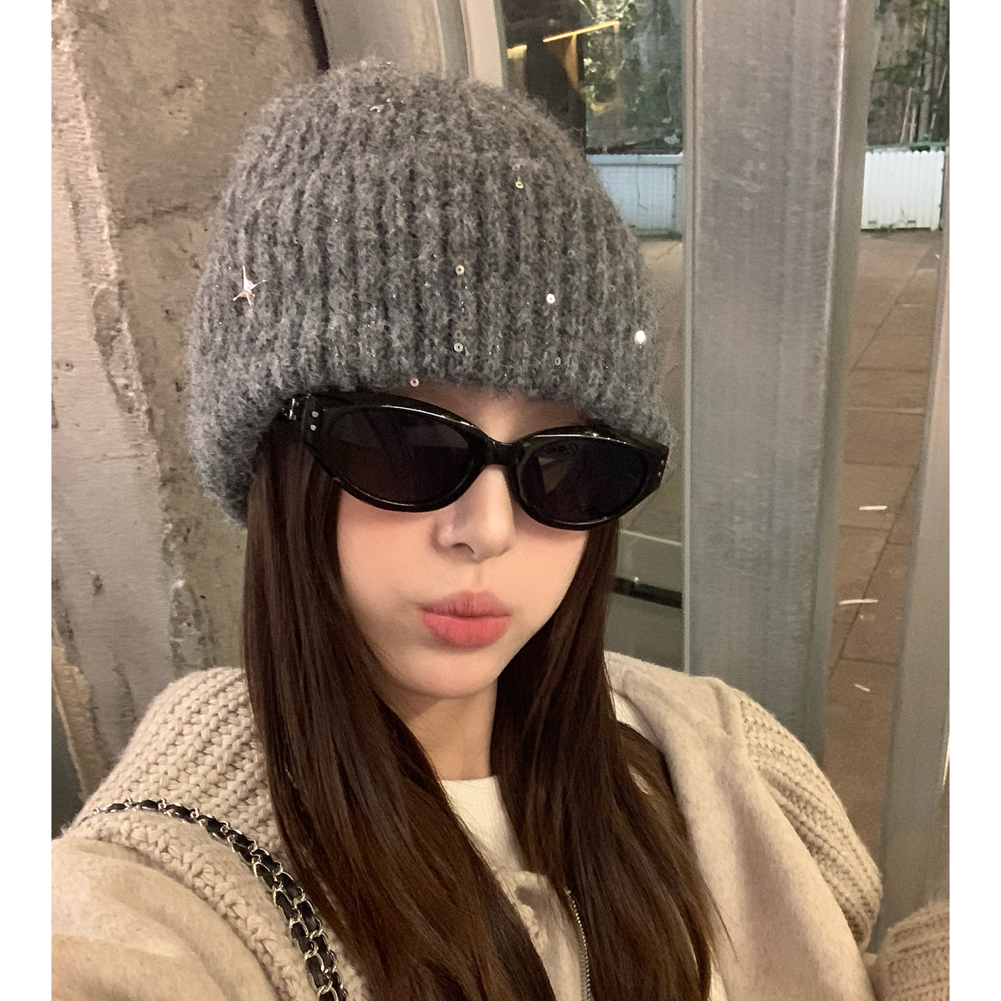 含羊毛星星灰色保暖毛线帽子女冬图片