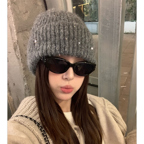 含羊毛星星灰色保暖毛线帽子女冬