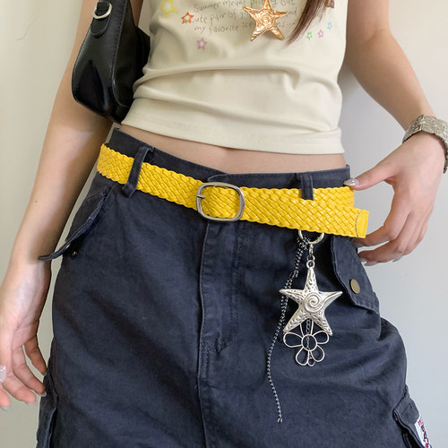韩版设计感黄色编织腰带女