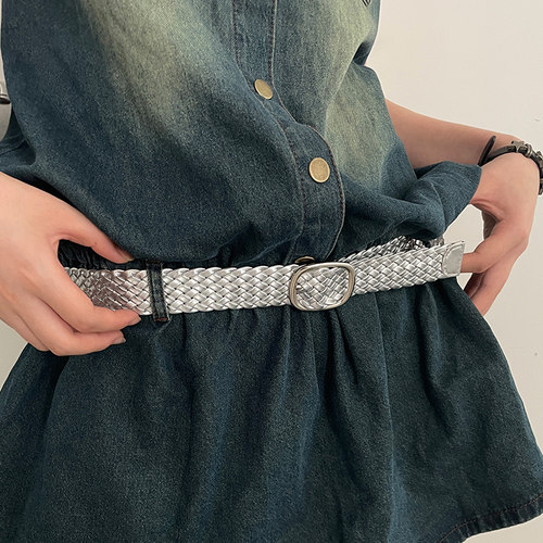 女白色美式简约腰带百搭