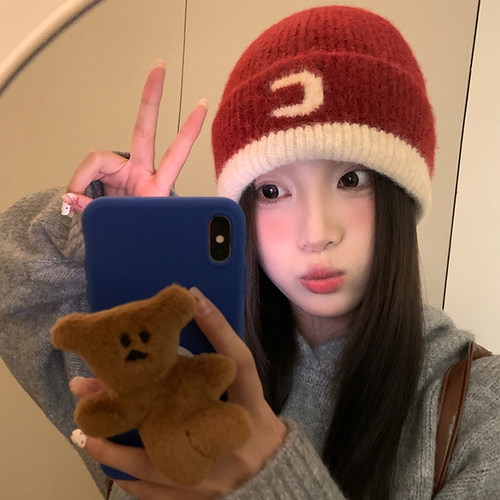 韩版冬季拼色字母毛线帽显脸小