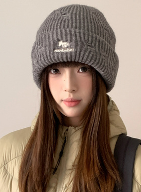 韩系刺绣字母灰色针织冷帽女款冬季大头围加厚护耳毛线帽保暖帽子