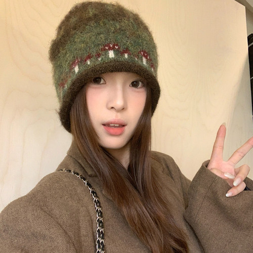 复古费尔岛风卷边针织冷帽女冬季