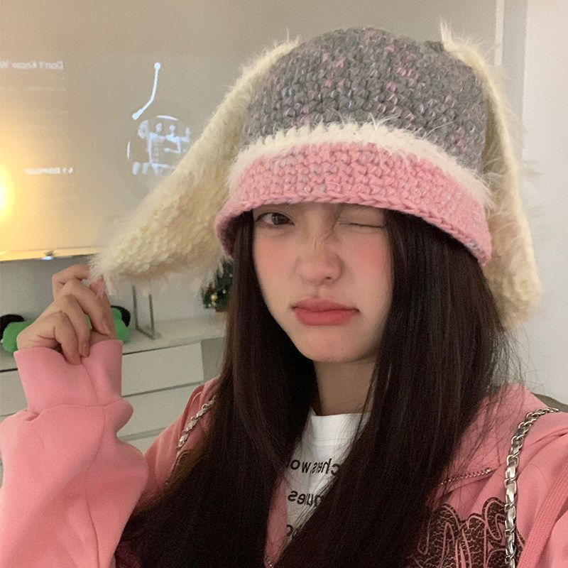 粉色可爱兔子耳朵针织帽大头围毛绒绒毛线帽保暖护耳韩版百搭冷帽,服饰配件/皮带/帽子/围巾,帽子,淘宝优惠券,粉丝福利购,淘宝优惠卷
