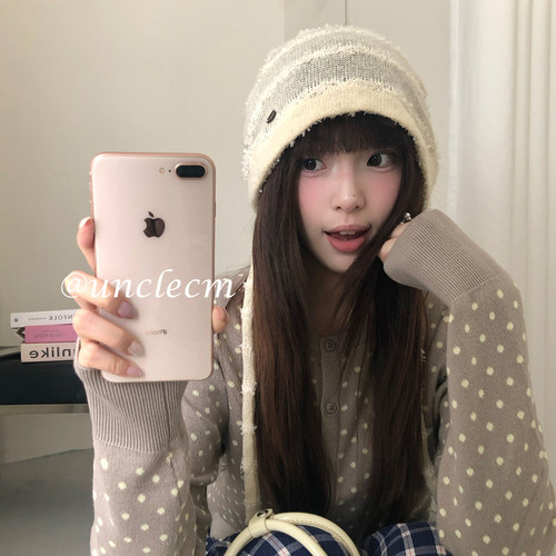 韩系撞色条纹抽绳毛边针织帽子