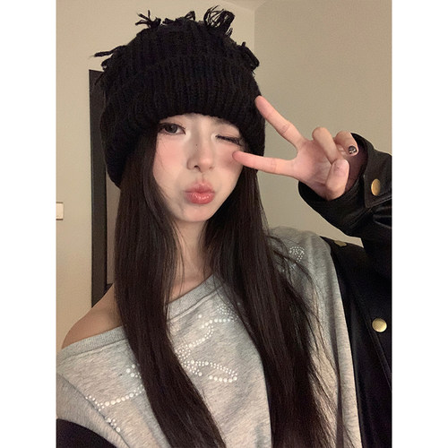 含羊毛时髦新年红色针织帽子女