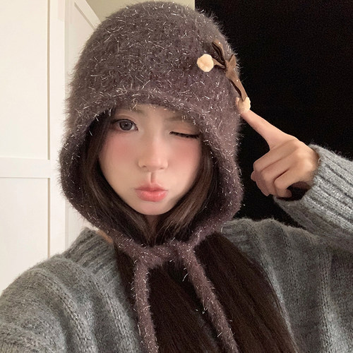 秋冬甜美蝴蝶结毛绒巴拉克拉法帽