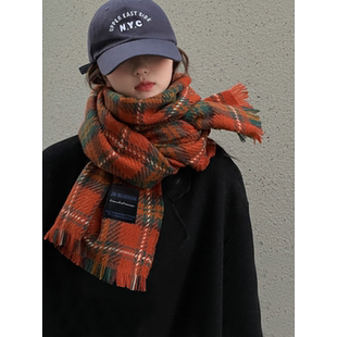 红色格子围巾女生冬季 高级感仿羊绒厚披肩围脖新年节礼物 2025新款