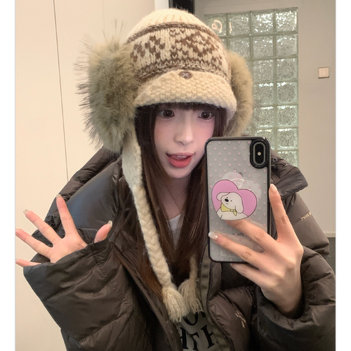 复古费尔岛毛绒针织雷锋帽子女冬