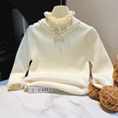 女孩中大童花边领内搭针织打底衫 女童毛衣一体绒秋冬款 2025新款